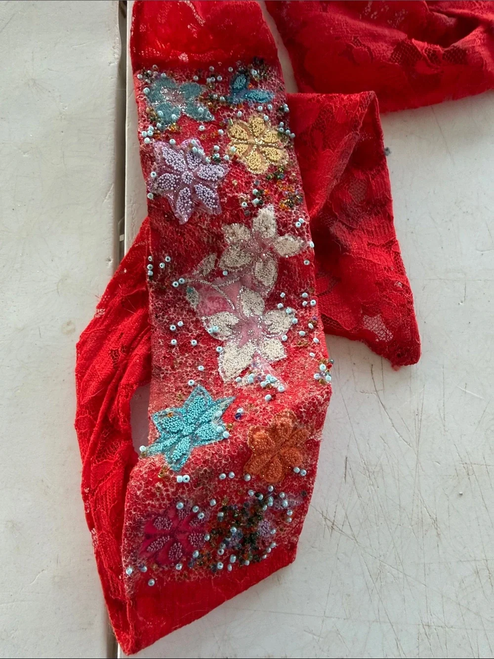 Red Embroidered Floral Sash Belt